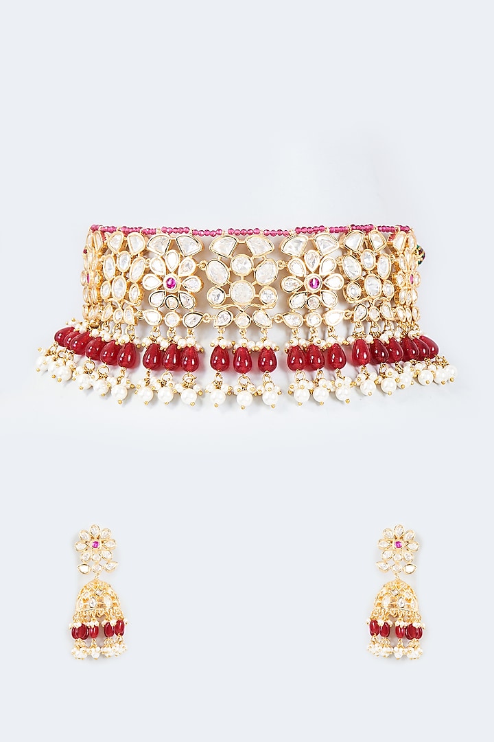Gold Finish Kundan Polki & Ruby Beaded Choker Necklace Set by Johori