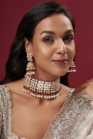 Gold Finish Kundan Polki & Ruby Beaded Choker Necklace Set by Johori