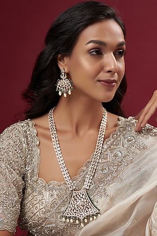 Gold Finish Kundan Polki & Emerald Long Necklace Set by Johori