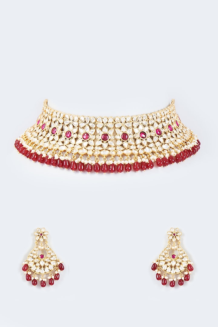 Gold Finish Kundan Polki & Ruby Stone Choker Necklace Set by Johori