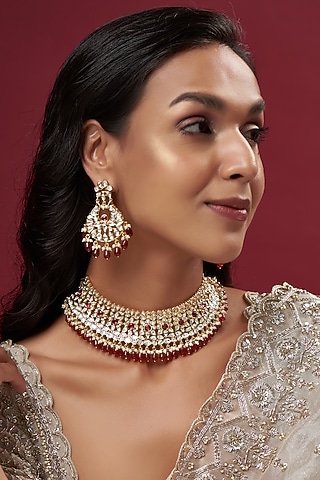 Gold Finish Kundan Polki & Ruby Stone Choker Necklace Set by Johori