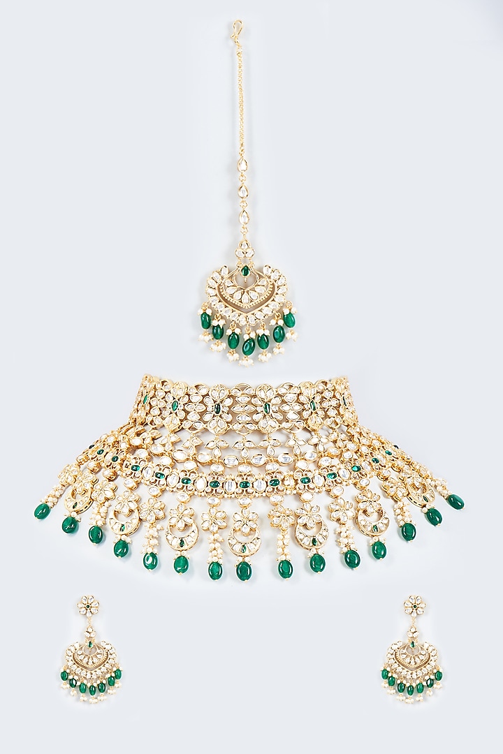 Gold Finish Green Kundan Polki Choker Necklace Set by Johori at Pernia's Pop Up Shop