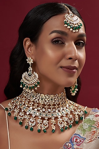 Gold Finish Green Kundan Polki Choker Necklace Set by Johori