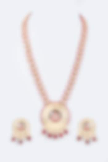 Gold Finish Kundan Polki & Ruby Beaded Long Necklace Set by Johori