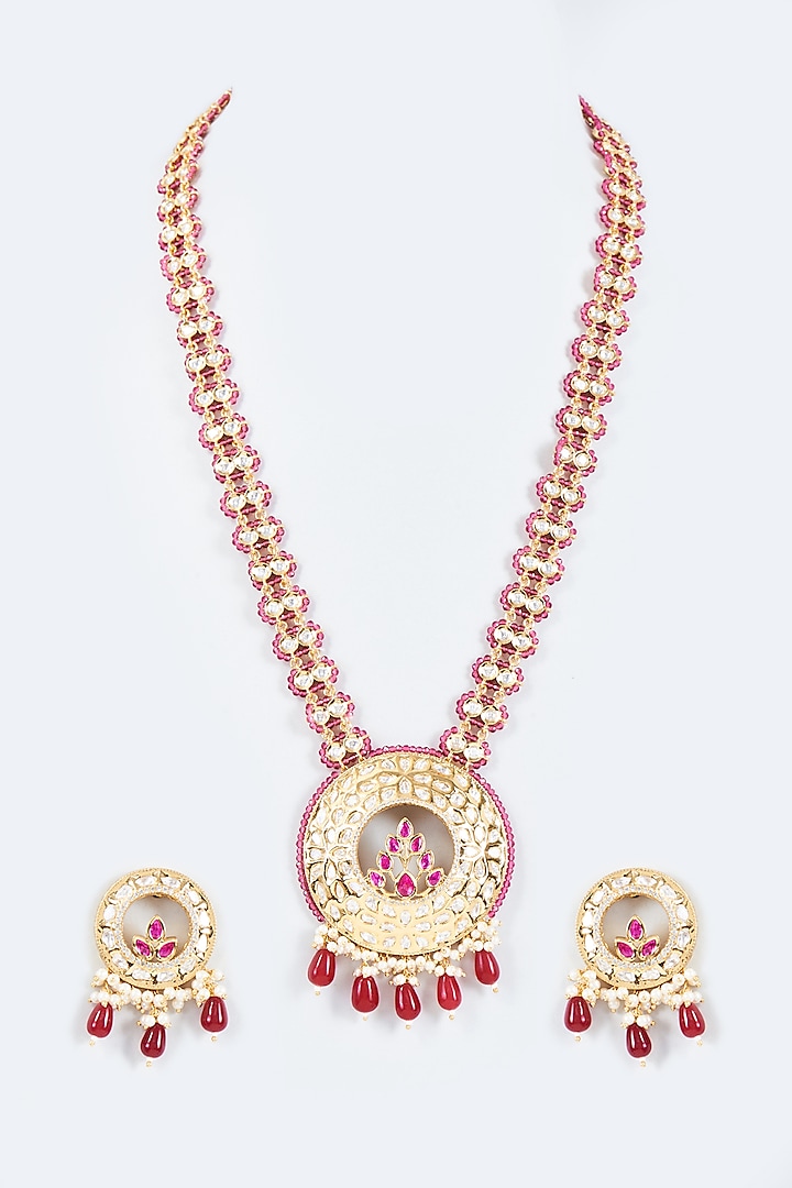 Gold Finish Kundan Polki & Ruby Beaded Long Necklace Set by Johori