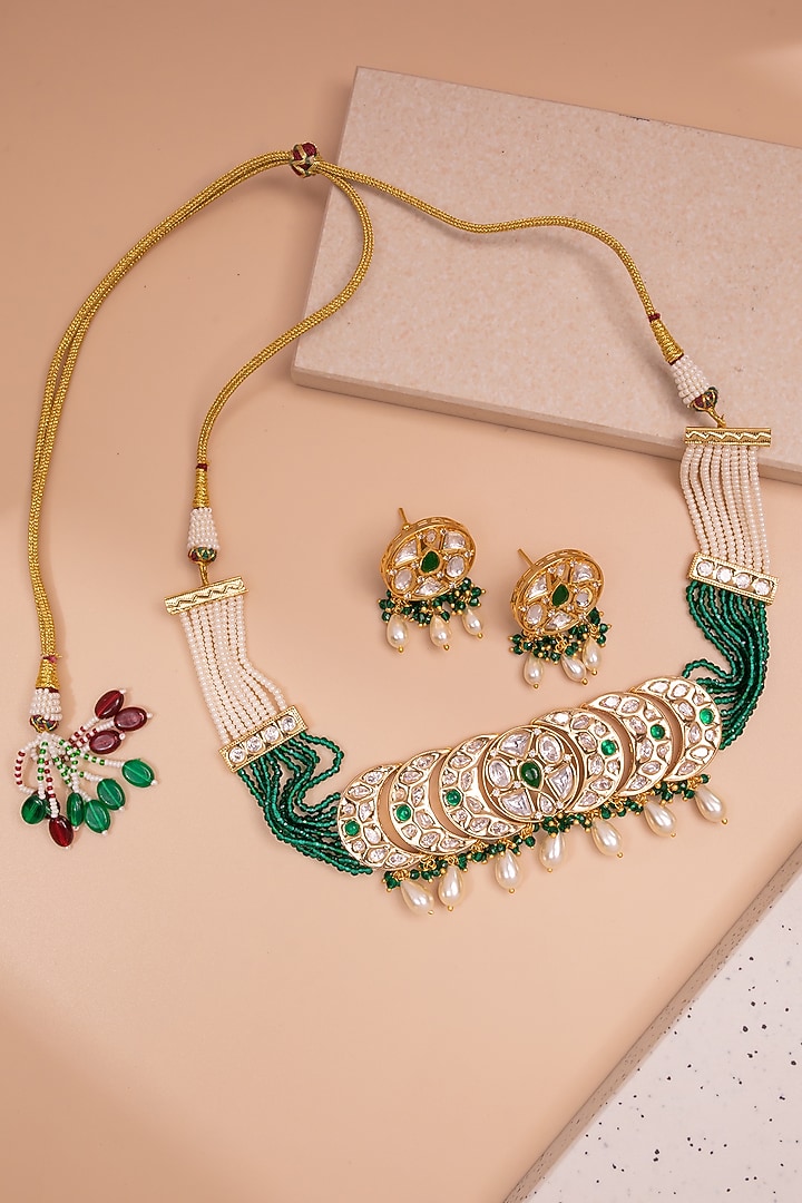 Gold Finish Kundan Polki & Emerald Stone Choker Necklace Set by Johori at Pernia's Pop Up Shop