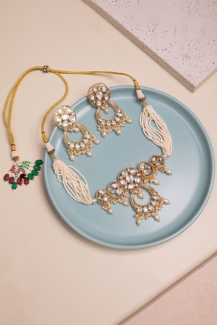 Gold Finish Kundan Polki & Pearl Choker Necklace Set by Johori at Pernia's Pop Up Shop