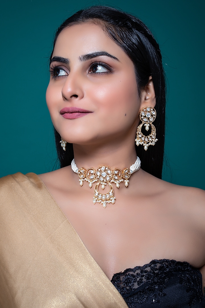 Gold Finish Kundan Polki & Pearl Choker Necklace Set by Johori at Pernia's Pop Up Shop