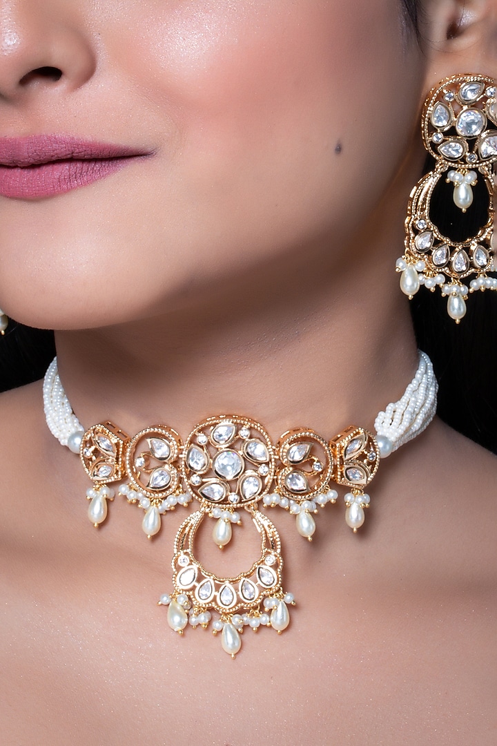 Gold Finish Kundan Polki & Pearl Choker Necklace Set by Johori at Pernia's Pop Up Shop