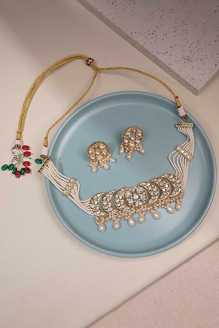 Gold Finish Kundan Polki & Pearl Choker Necklace Set by Johori at Pernia's Pop Up Shop