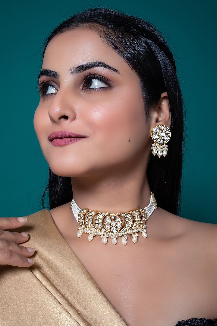Gold Finish Kundan Polki & Pearl Choker Necklace Set by Johori at Pernia's Pop Up Shop
