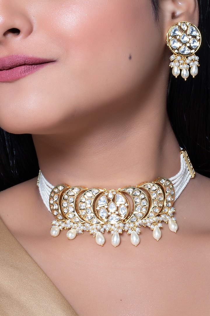 Gold Finish Kundan Polki & Pearl Choker Necklace Set by Johori at Pernia's Pop Up Shop