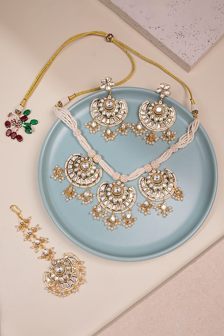 Gold Finish Kundan Polki & Pearl Necklace Set by Johori at Pernia's Pop Up Shop