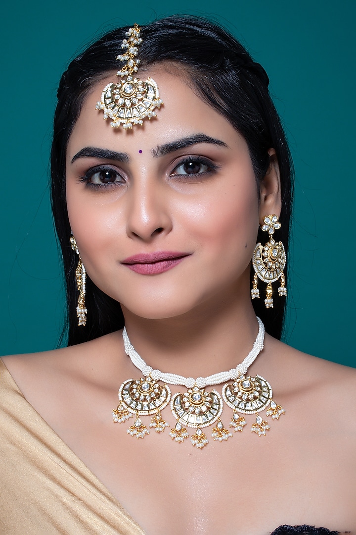 Gold Finish Kundan Polki & Pearl Necklace Set by Johori at Pernia's Pop Up Shop