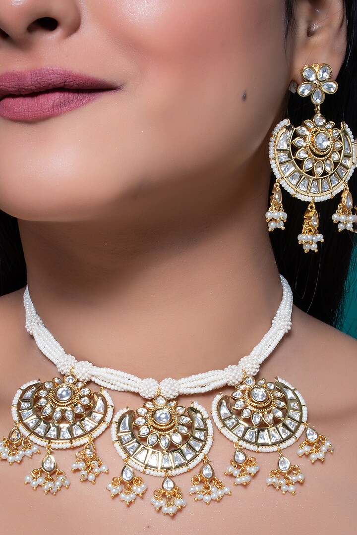 Gold Finish Kundan Polki & Pearl Necklace Set by Johori at Pernia's Pop Up Shop