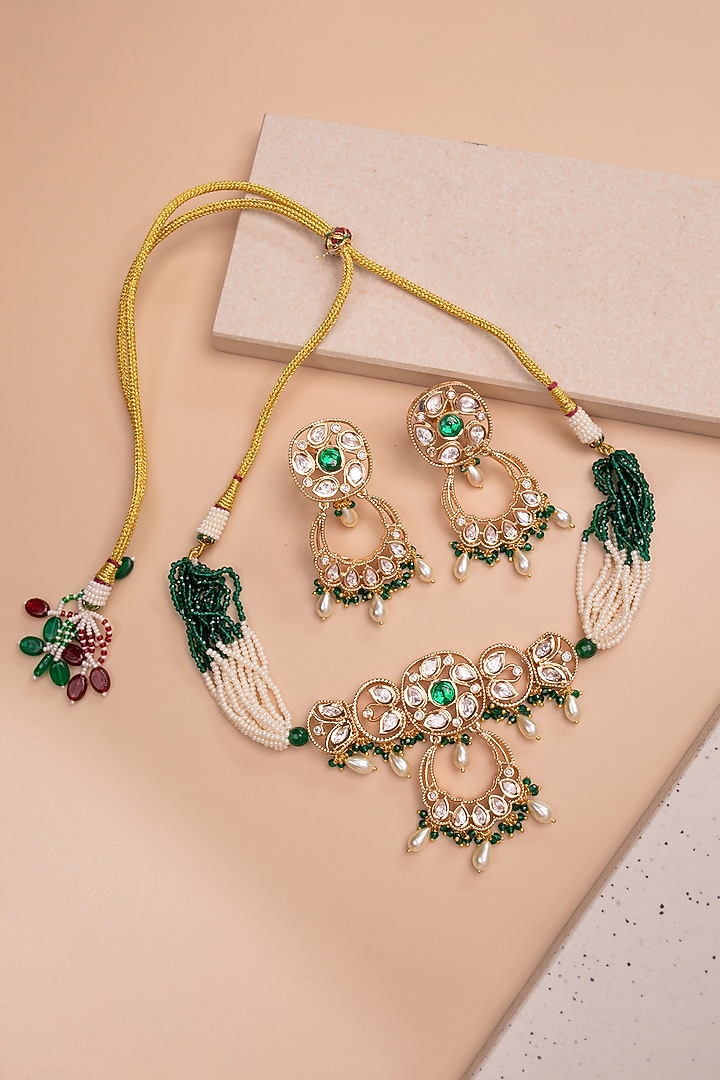 Gold Finish Kundan Polki & Emerald Stone Choker Necklace Set by Johori at Pernia's Pop Up Shop