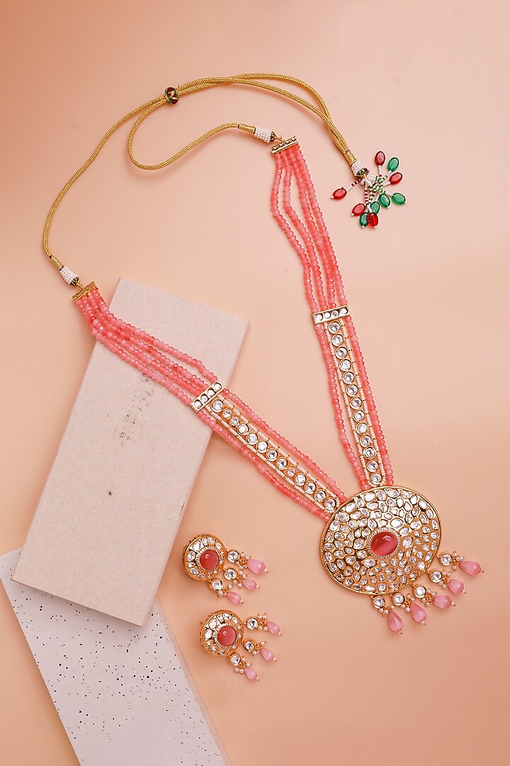 Gold Finish Kundan Polki & Pink Stone Long Necklace Set by Johori at Pernia's Pop Up Shop
