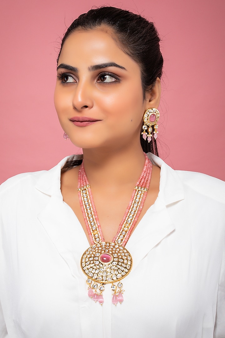 Gold Finish Kundan Polki & Pink Stone Long Necklace Set by Johori at Pernia's Pop Up Shop