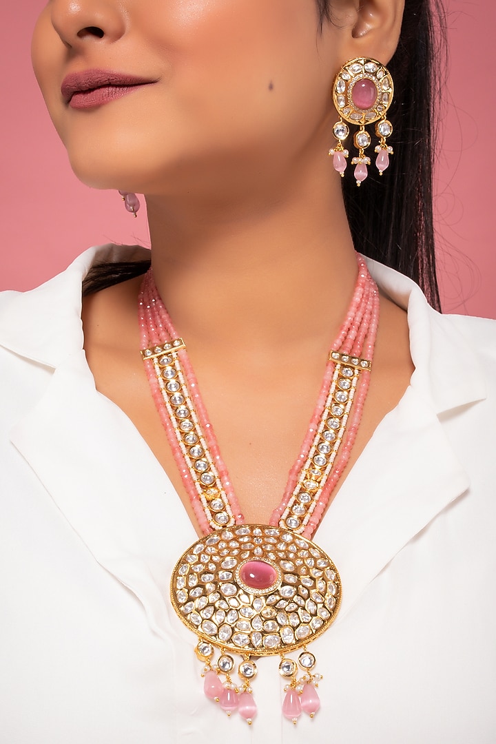 Gold Finish Kundan Polki & Pink Stone Long Necklace Set by Johori at Pernia's Pop Up Shop