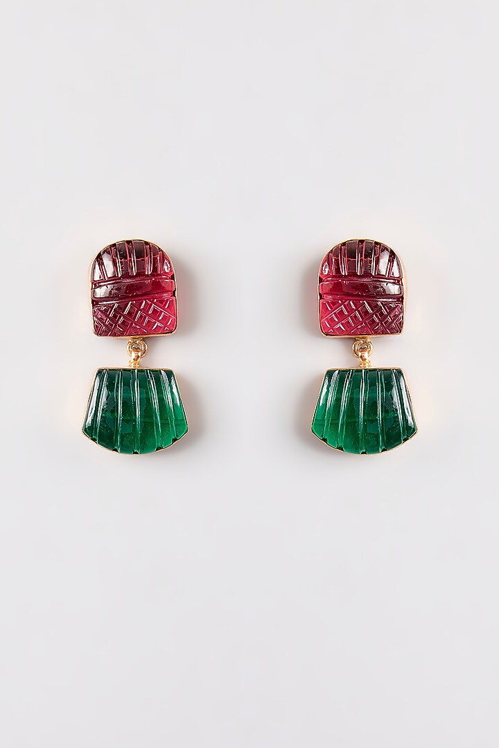 Gold Finish Ruby & Green Stone Dangler Earrings by Johori at Pernia's Pop Up Shop