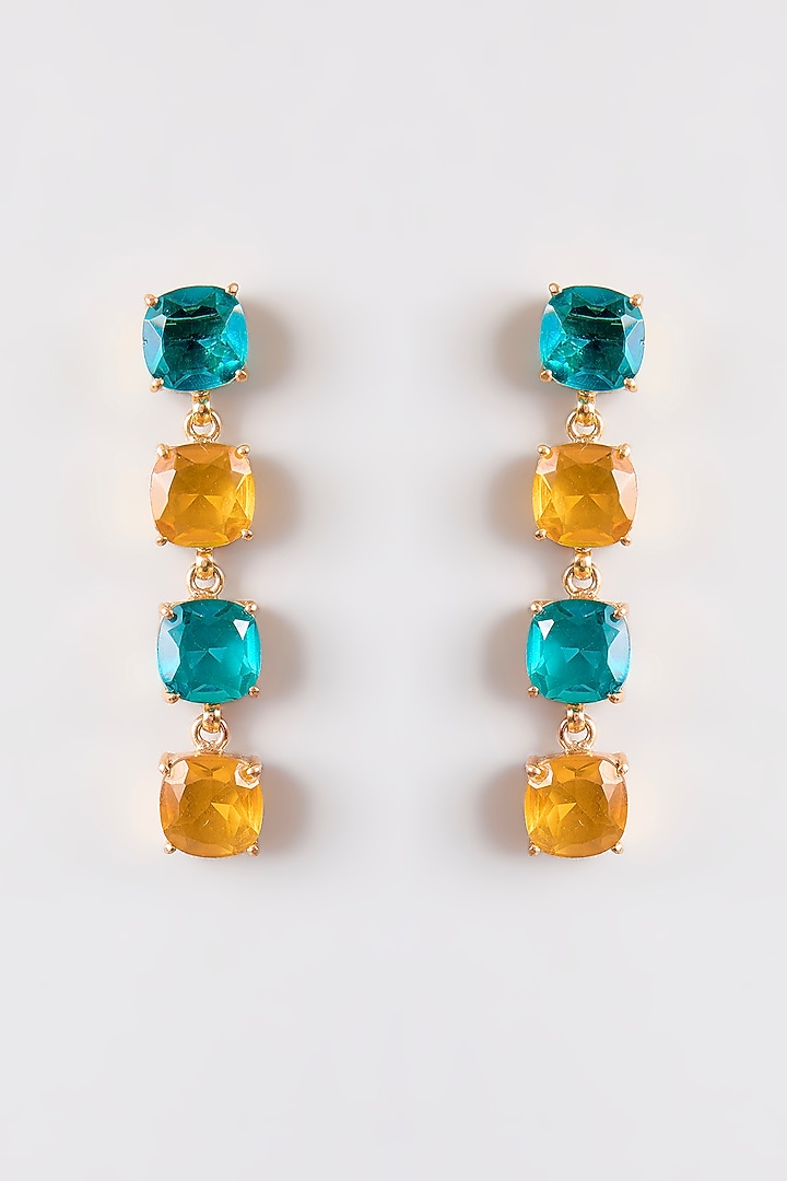 Gold Finish Teal & Gold Stone Dangler Earrings by Johori at Pernia's Pop Up Shop