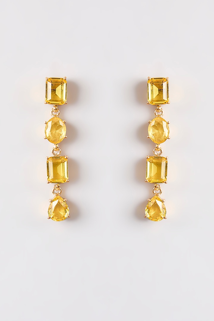 Gold Finish Yellow Sapphire Stone Dangler Earrings by Johori at Pernia's Pop Up Shop