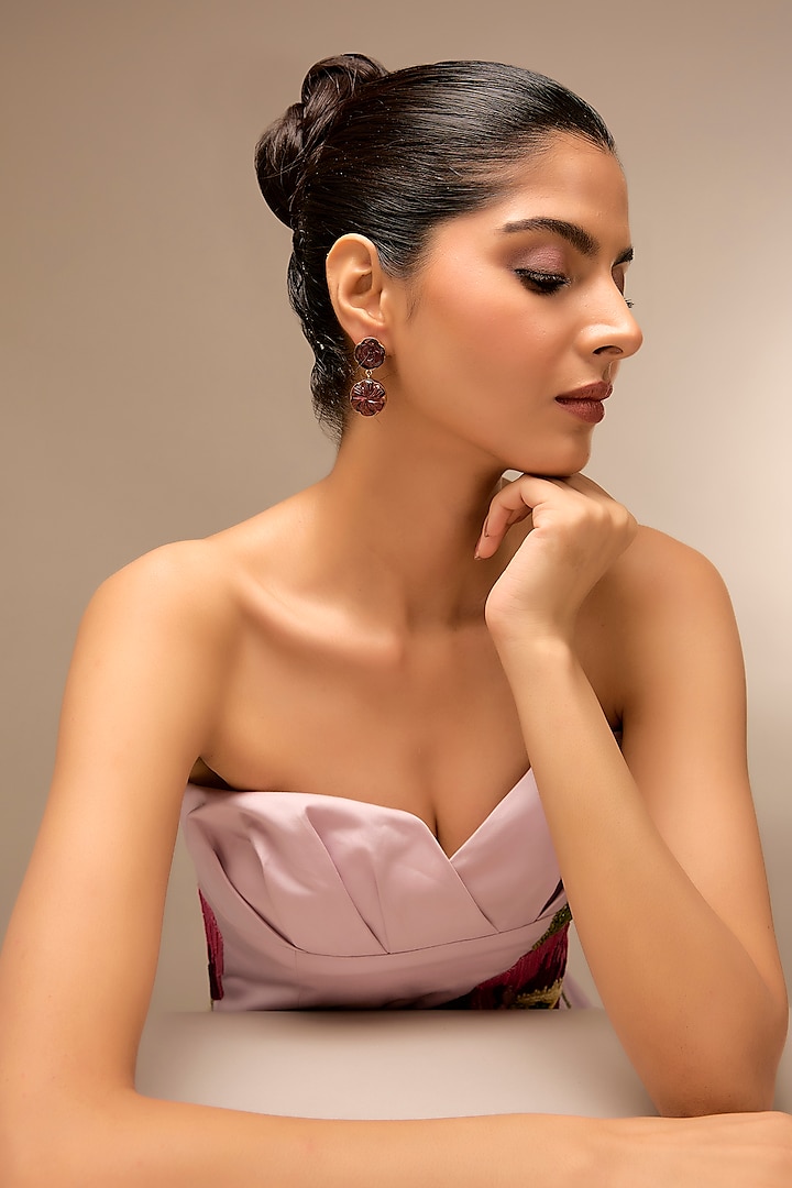 Gold Finish Purple Stone Floral Dangler Earrings by Johori at Pernia's Pop Up Shop