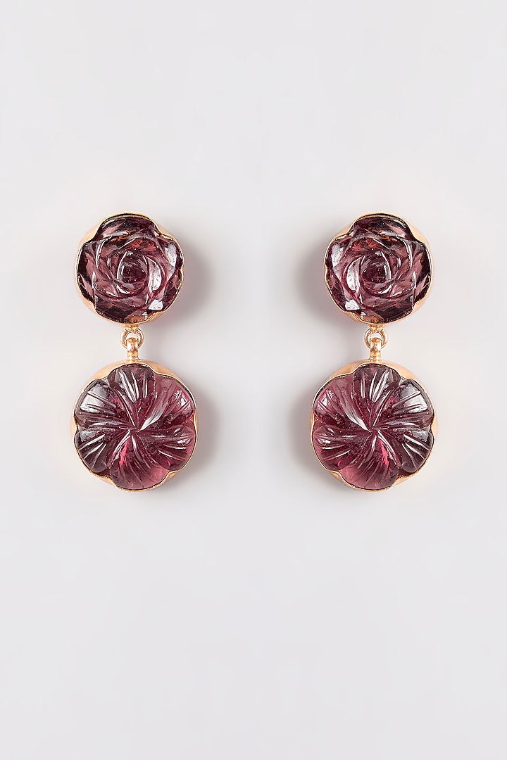 Gold Finish Purple Stone Floral Dangler Earrings by Johori at Pernia's Pop Up Shop