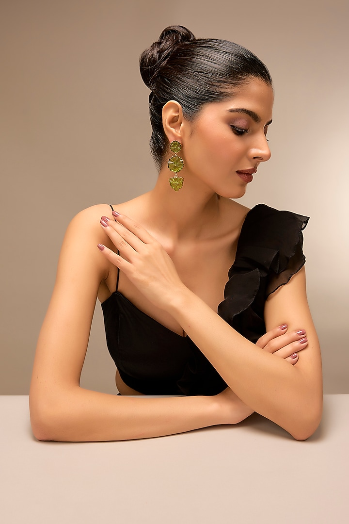 Gold Finish Green Stone Dangler Earrings by Johori at Pernia's Pop Up Shop