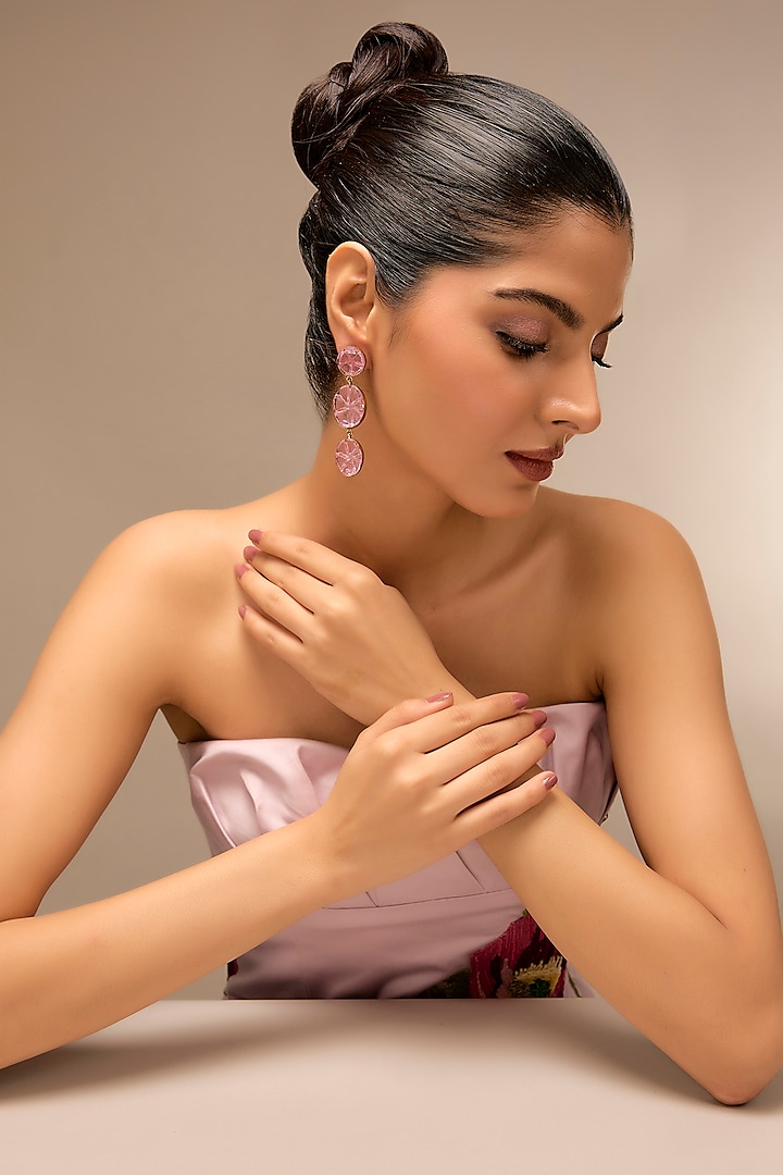 Gold Finish Crystal & Pink Stone Dangler Earrings by Johori at Pernia's Pop Up Shop