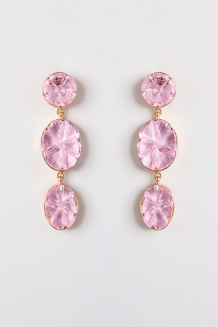 Gold Finish Crystal & Pink Stone Dangler Earrings by Johori at Pernia's Pop Up Shop