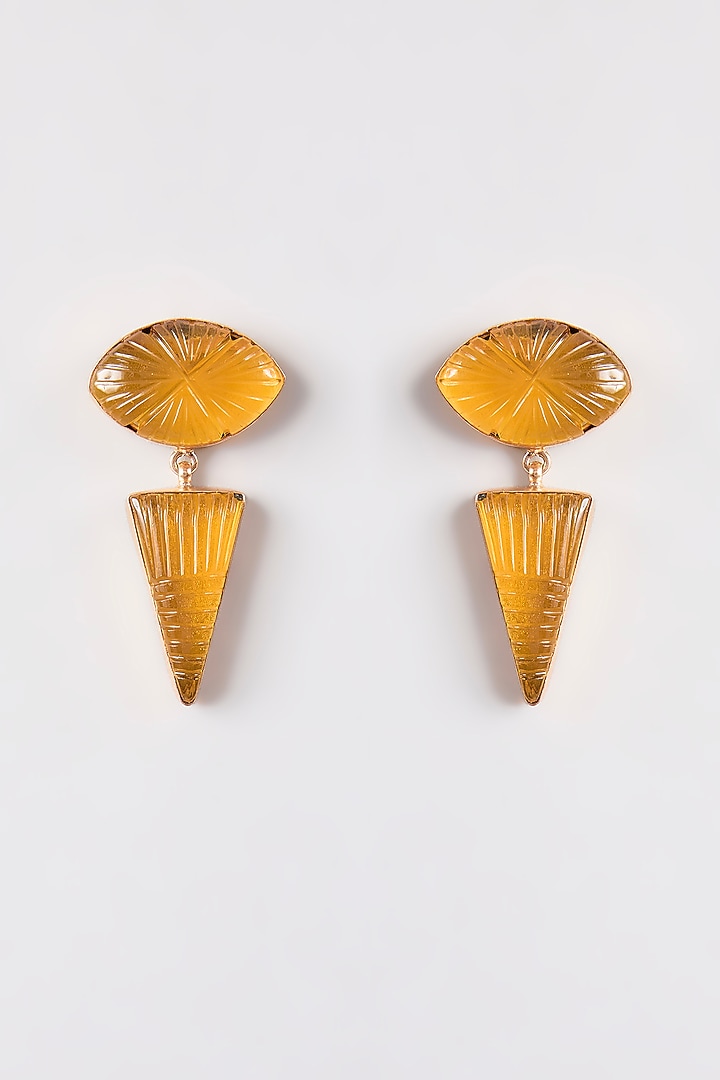 Gold Finish Champagne Sapphire Stone Dangler Earrings by Johori at Pernia's Pop Up Shop