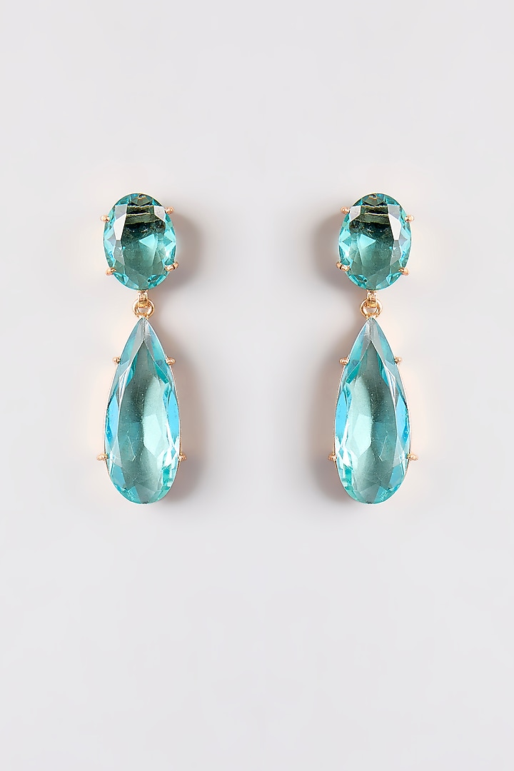 Gold Finish Crystal & Aqua Stone Dangler Earrings by Johori at Pernia's Pop Up Shop