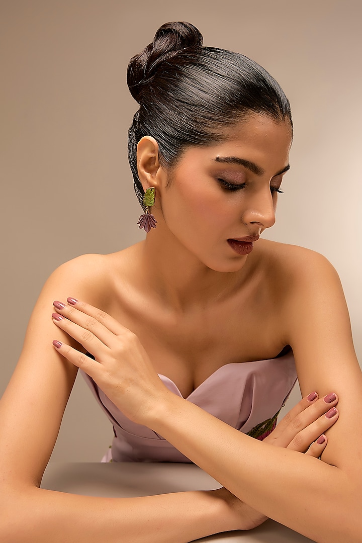 Gold Finish Purple Stone Dangler Earrings by Johori at Pernia's Pop Up Shop