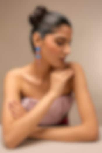 Gold Finish Ocean Blue Stone & Blush Pink Crystal Dangler Earrings by Johori at Pernia's Pop Up Shop