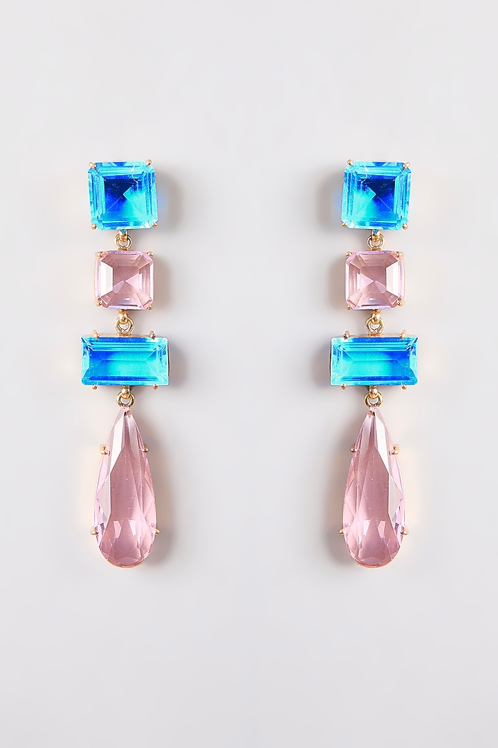 Gold Finish Ocean Blue Stone & Blush Pink Crystal Dangler Earrings by Johori at Pernia's Pop Up Shop