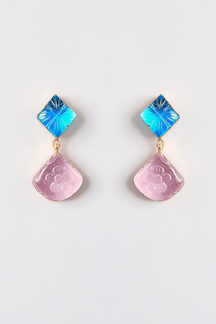 Gold Finish Aqua Stone Dangler Earrings by Johori at Pernia's Pop Up Shop