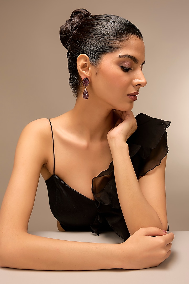 Gold Finish Purple Stone Dangler Earrings by Johori at Pernia's Pop Up Shop