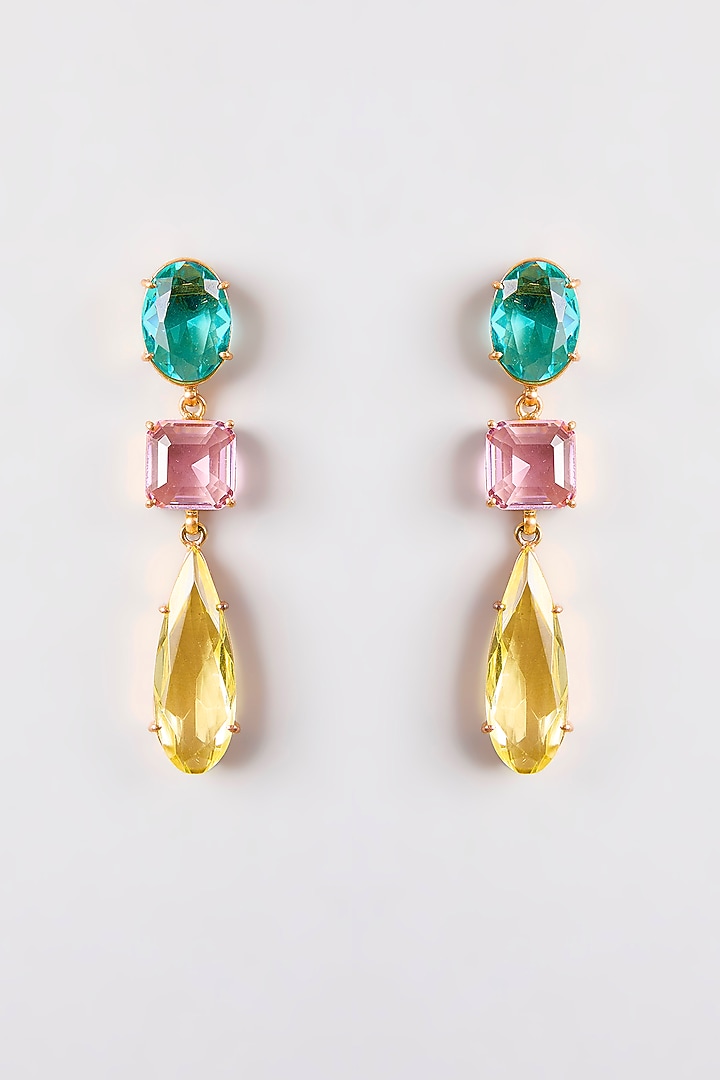 Gold Finish Multi-Colored Crystal Dangler Earrings by Johori at Pernia's Pop Up Shop