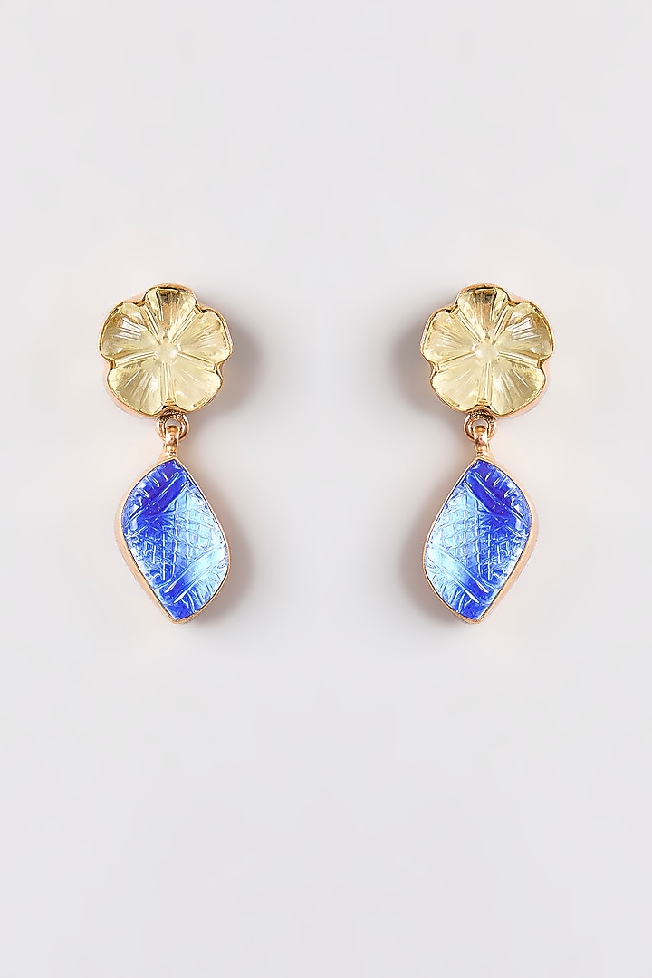 Gold Finish Yellow & Blue Stone Dangler Earrings by Johori at Pernia's Pop Up Shop