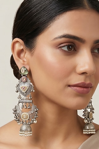 Oxidised Silver Finish Kundan Polki & Black Beaded Dangler Earrings by Johori