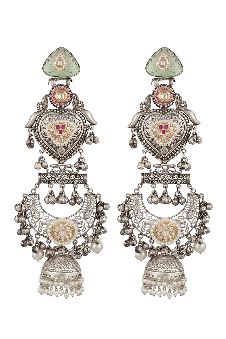 Oxidised Silver Finish Kundan Polki & Black Beaded Dangler Earrings by Johori at Pernia's Pop Up Shop