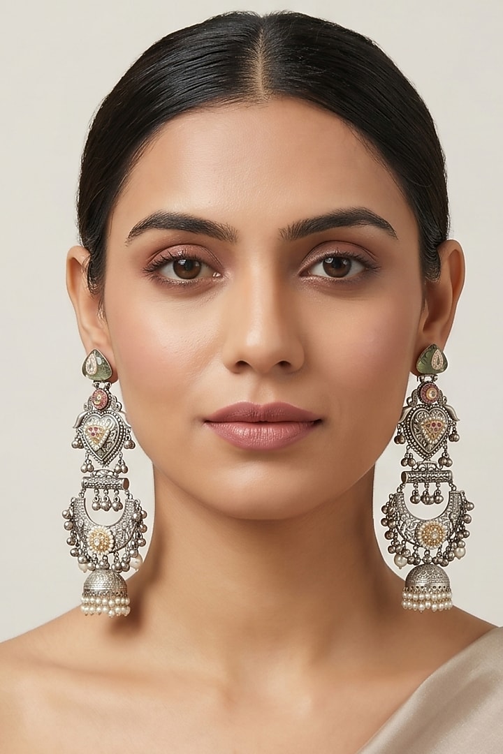 Oxidised Silver Finish Kundan Polki & Black Beaded Dangler Earrings by Johori at Pernia's Pop Up Shop
