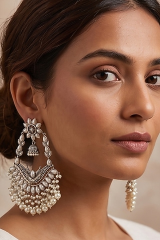 Oxidised Silver Finish Pearl Beaded Dangler Earrings by Johori
