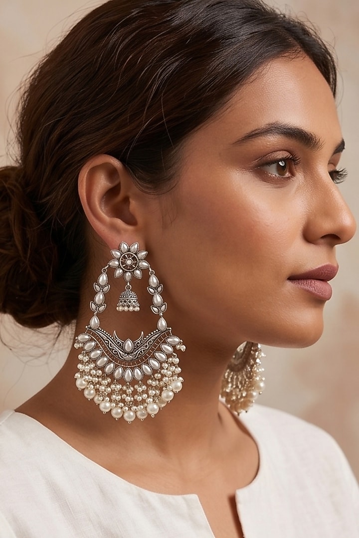 Oxidised Silver Finish Pearl Beaded Dangler Earrings by Johori at Pernia's Pop Up Shop