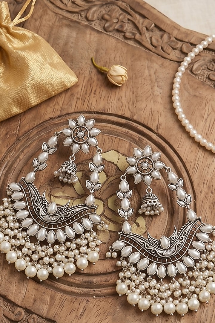 Oxidised Silver Finish Pearl Beaded Dangler Earrings by Johori at Pernia's Pop Up Shop
