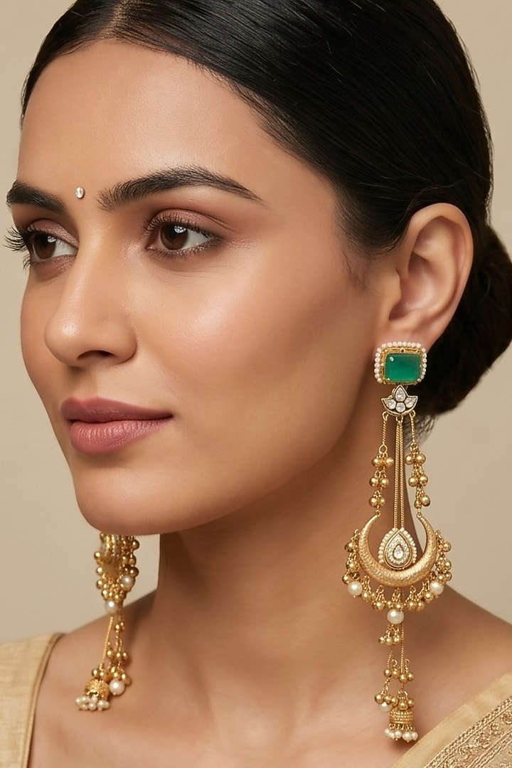 Gold Finish Kundan Polki & Green Stone Dangler Earrings by Johori at Pernia's Pop Up Shop