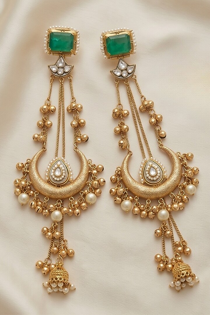 Gold Finish Kundan Polki & Green Stone Dangler Earrings by Johori at Pernia's Pop Up Shop