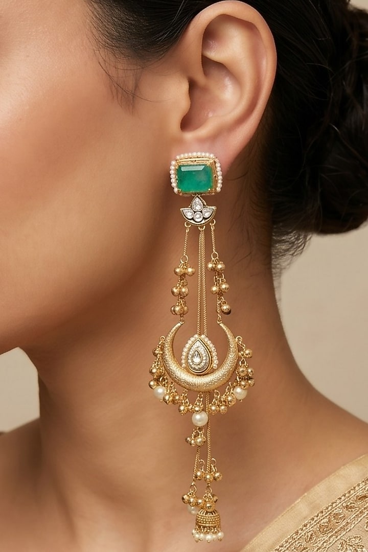 Gold Finish Kundan Polki & Green Stone Dangler Earrings by Johori at Pernia's Pop Up Shop