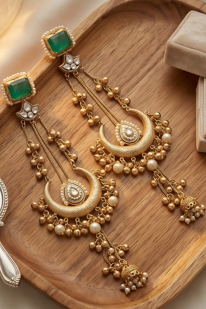 Gold Finish Kundan Polki & Green Stone Dangler Earrings by Johori at Pernia's Pop Up Shop